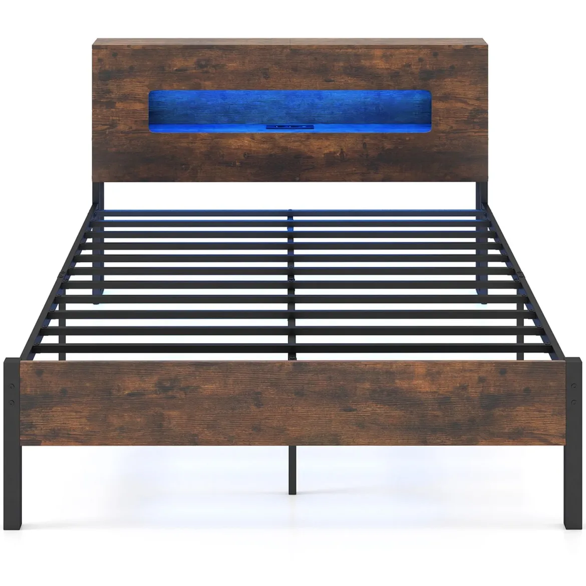 Bettgestell mit LED-Lichtern Industrielles Plattformbett mit Stauraum-Kopfteil 200 x 140 cm Rustikales Braun