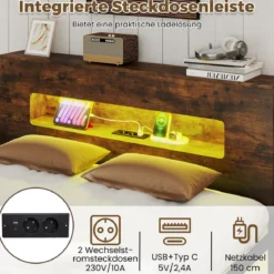 Bettgestell mit LED-Lichtern Industrielles Plattformbett mit Stauraum-Kopfteil 200 x 140 cm Rustikales Braun