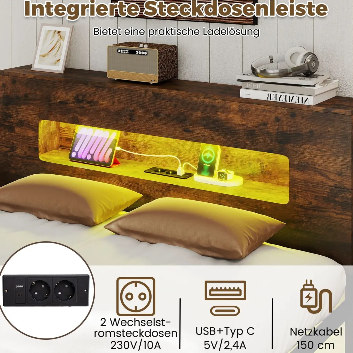 Bettgestell mit LED-Lichtern Industrielles Plattformbett mit Stauraum-Kopfteil 200 x 140 cm Rustikales Braun
