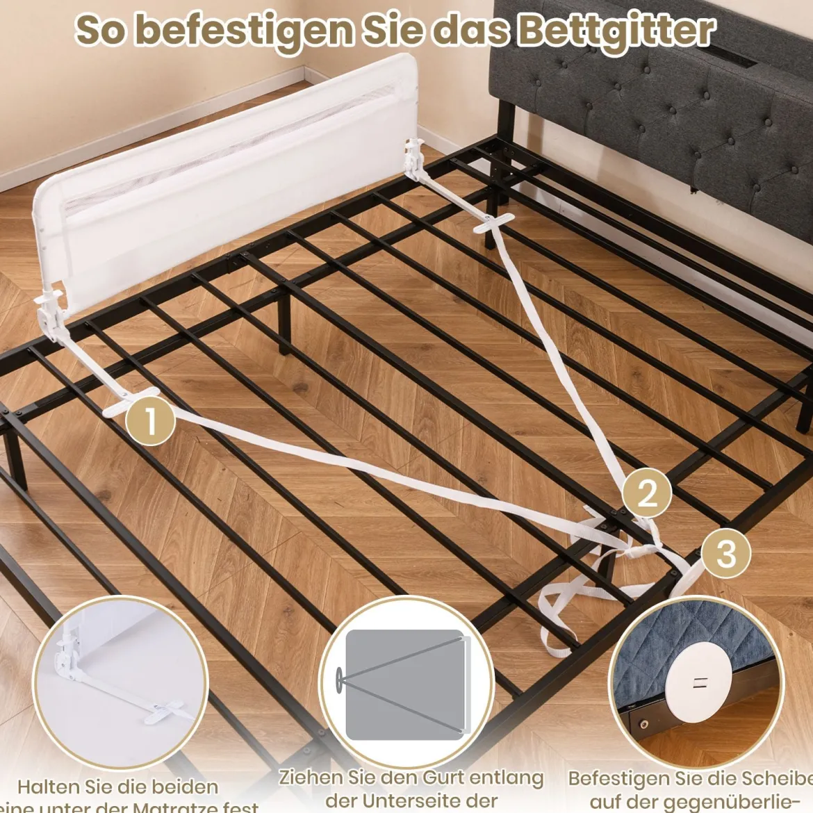 Bettgitter für Kleinkinder 120 cm faltbares Babybettgitter mit abnehmbarem & waschbarem Bezug Grau/Weiß