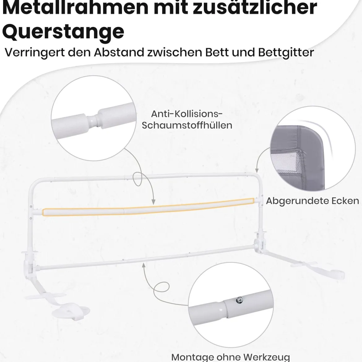 Bettgitter für Kleinkinder 120 cm faltbares Babybettgitter mit abnehmbarem & waschbarem Bezug Grau/Weiß