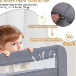 Bettgitter für Kleinkinder 100 cm faltbares Baby-Bettgitter mit abnehmbarem & waschbarem Bezug Grau/Weiß