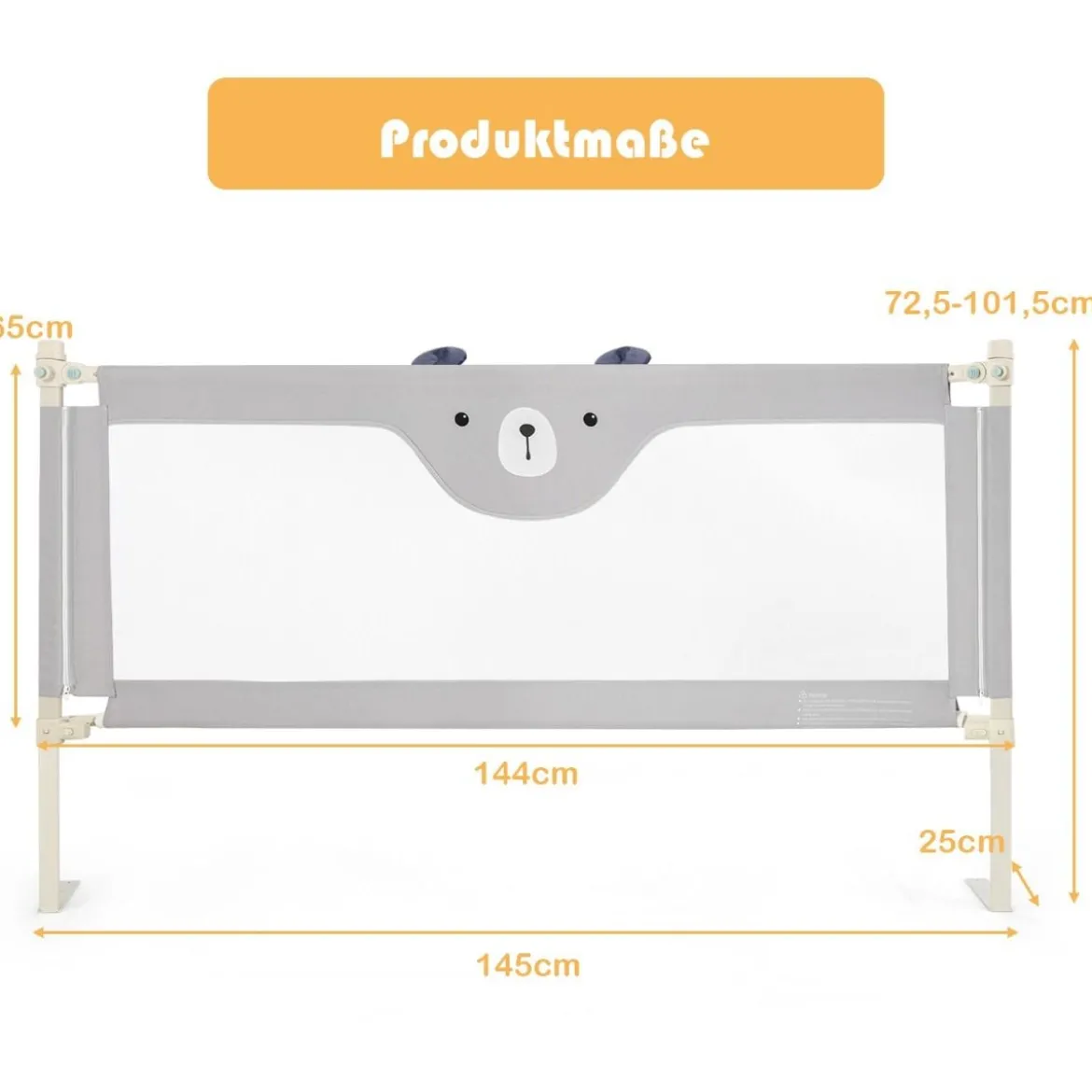 Bettgitter Klappbares Bettgeländer für Kleinkinder 145 x 25 x 101,5 cm Grau