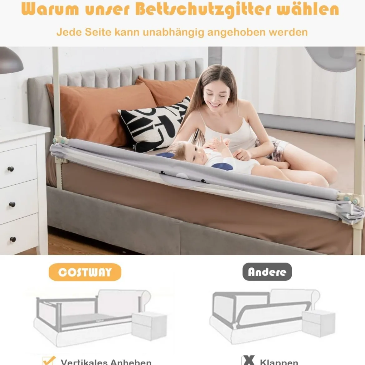 Bettgitter Klappbares Bettgeländer für Kleinkinder 145 x 25 x 101,5 cm Grau
