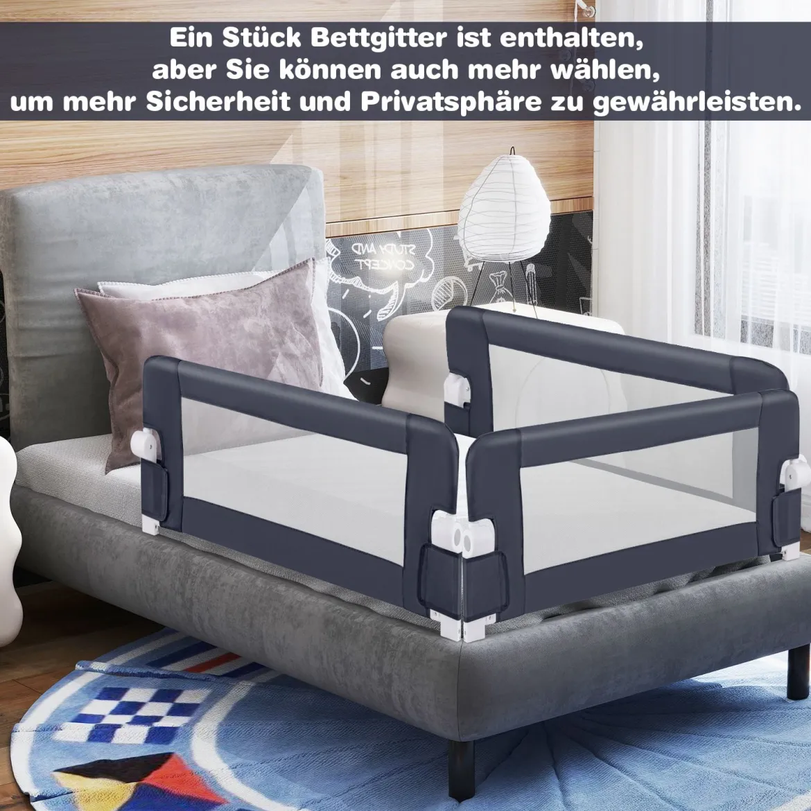 Bettgitter Sicherheitsgitter für Kleinkinder mit weichem Schaumstoff mit Gurt 105 x 40 x 42 cm Dunkelgrau