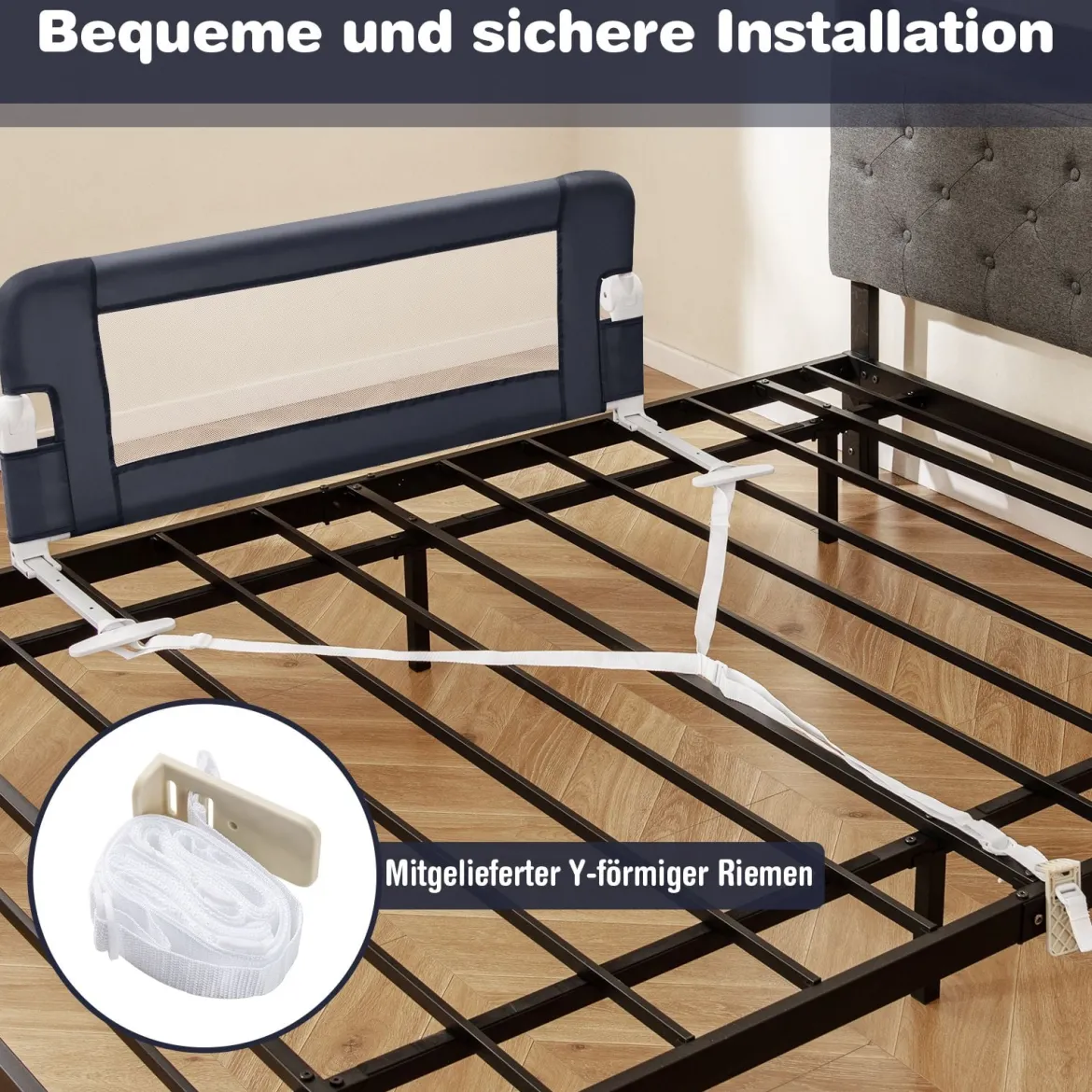 Bettgitter Sicherheitsgitter für Kleinkinder mit weichem Schaumstoff mit Gurt 105 x 40 x 42 cm Dunkelgrau