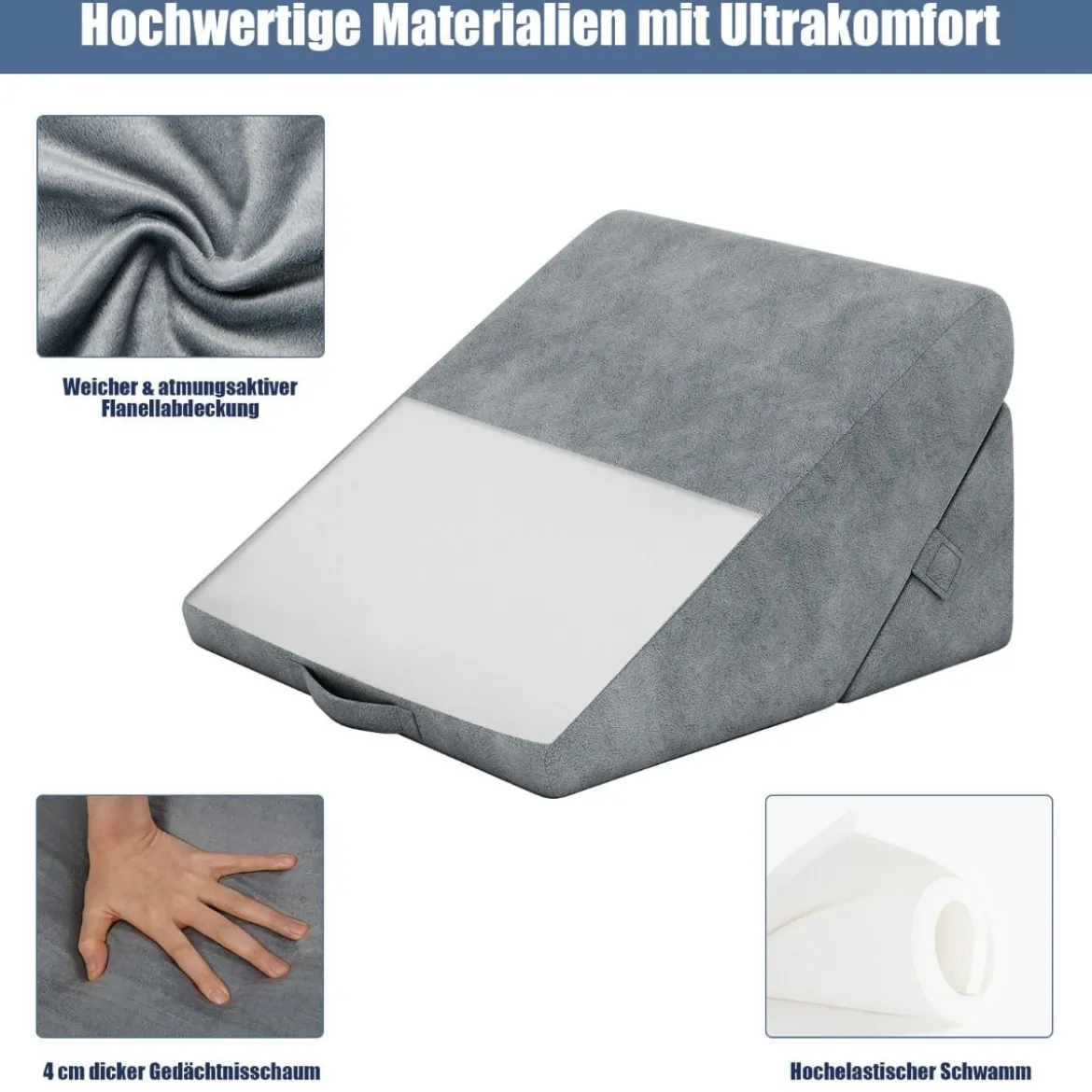 Bettkeil-Kissen einstellbares Rückstellschaum-Neigungskissen Keilkissen 58 x 50,5 x 36 cm Grau