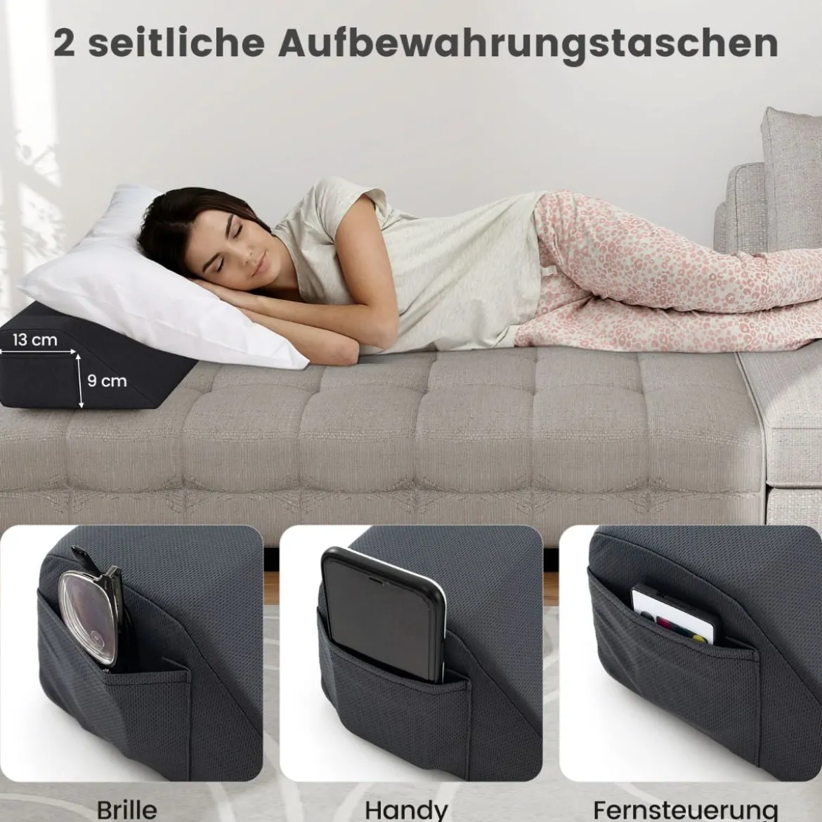 Bett-Lückenfüller Bettkeil mit Seitentasche Keilkissen für das Bett 137 x 25 x 13 cm Grau