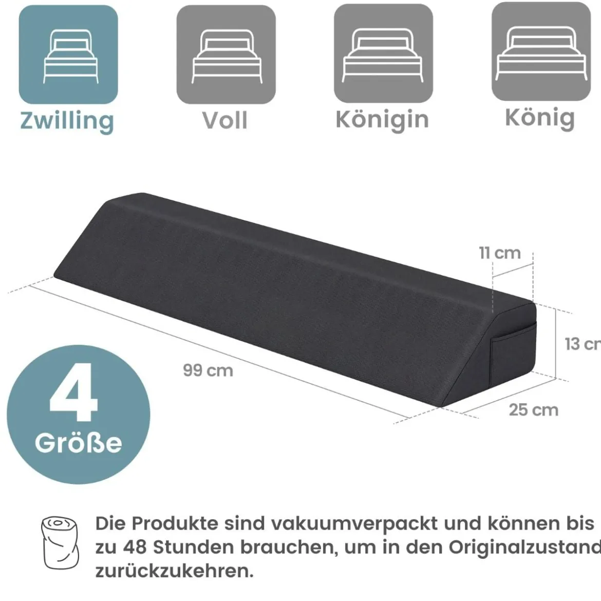 Bett-Lückenfüller Bettkeil mit Seitentasche Keilkissen für das Bett Grau 99 x 25 x 13 cm