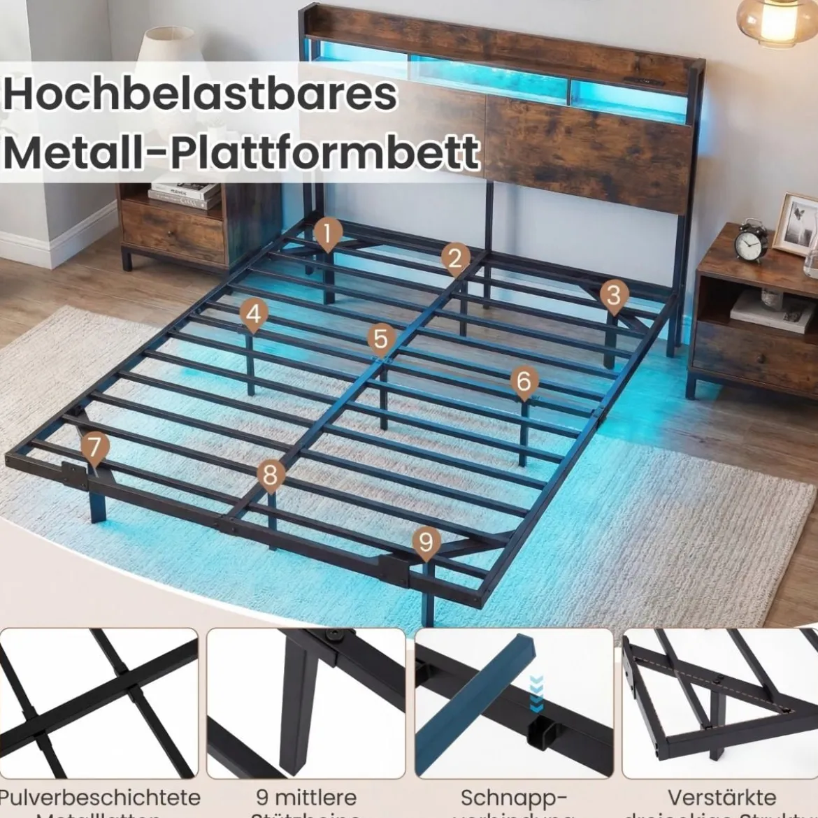 Bett mit Ladestation & LED-Beleuchtung Kopfteil mit Stauraum Bettgestell mit Lattenrost Doppelbett