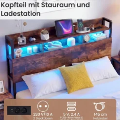 Bett mit Ladestation & LED-Beleuchtung Kopfteil mit Stauraum Bettgestell mit Lattenrost Doppelbett