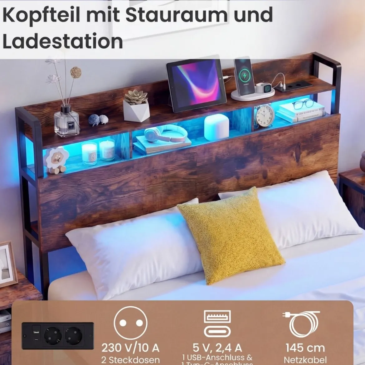 Bett mit Ladestation & LED-Beleuchtung Kopfteil mit Stauraum Bettgestell mit Lattenrost Doppelbett