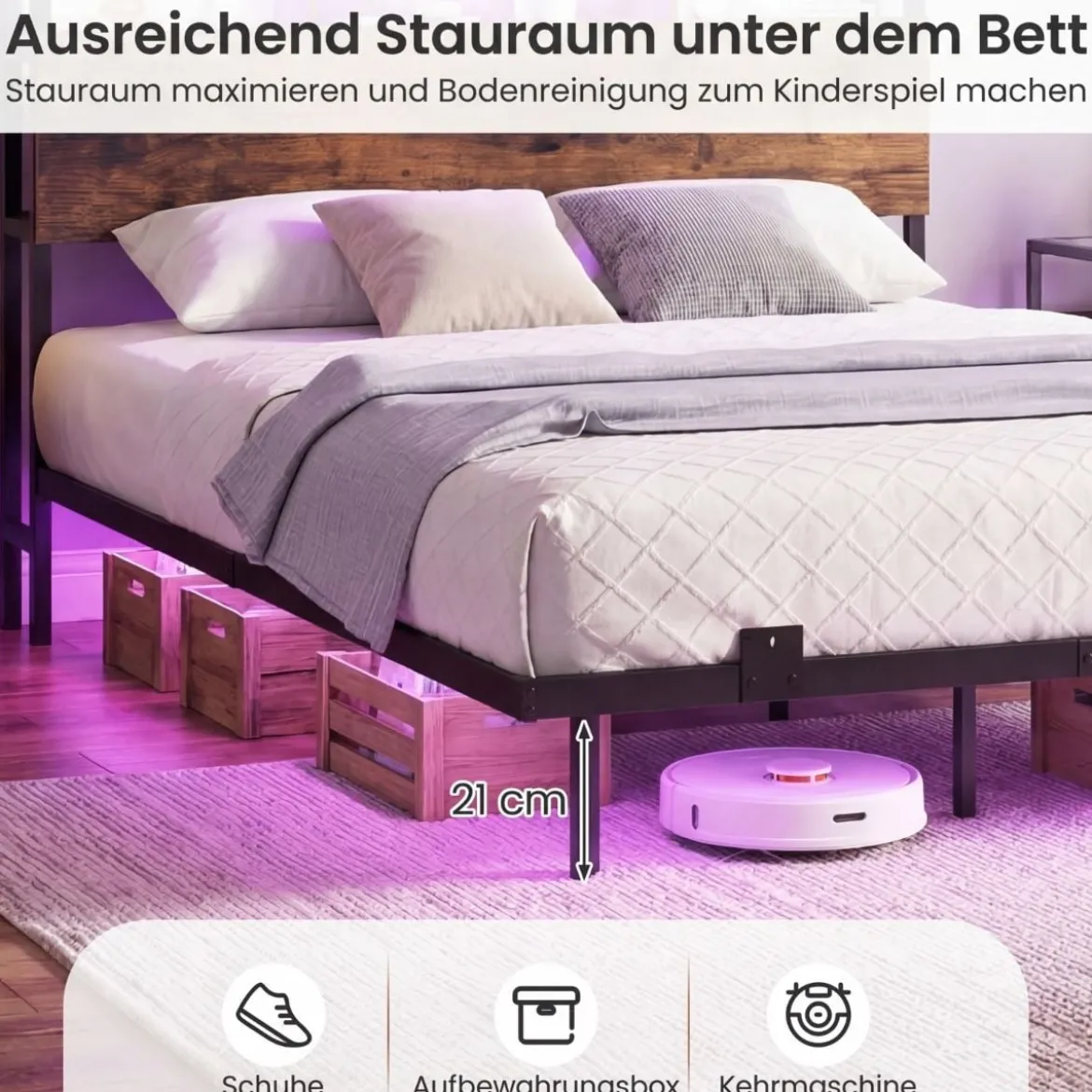 Bett mit Ladestation & LED-Beleuchtung Kopfteil mit Stauraum Bettgestell mit Lattenrost Doppelbett