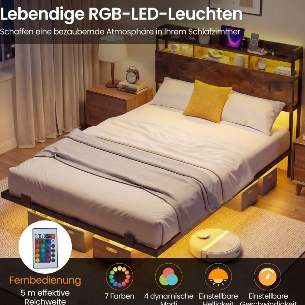 Bett mit Ladestation & LED-Beleuchtung Kopfteil mit Stauraum Bettgestell mit Lattenrost Doppelbett