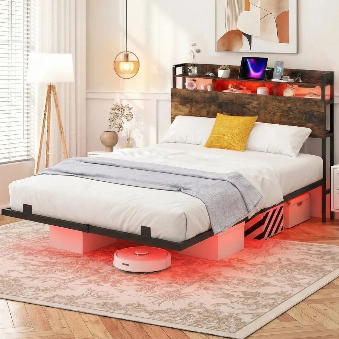 Bett mit Ladestation & LED-Beleuchtung Kopfteil mit Stauraum Bettgestell mit Lattenrost Doppelbett