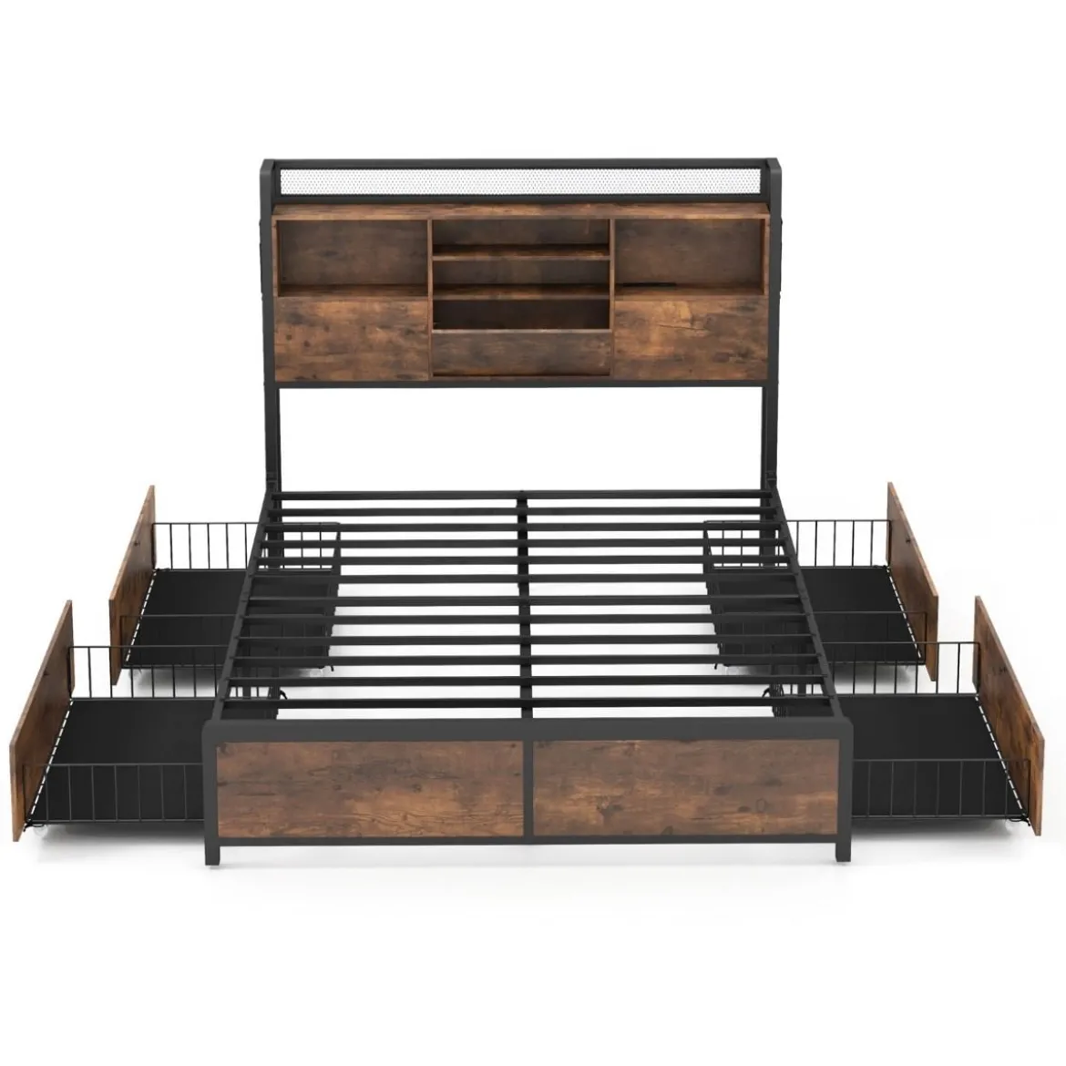 Bett mit Ladestation und 4 Schubladen Kopfteil mit Stauraum Vintage Braun 223 x 143 x 112 cm