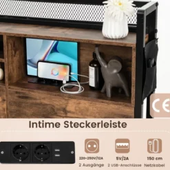 Bett mit Ladestation und 4 Schubladen Kopfteil mit Stauraum Vintage Braun 223 x 143 x 112 cm