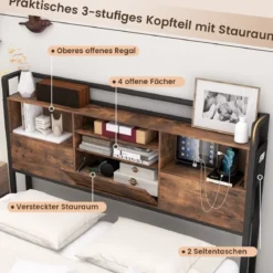 Bett mit Ladestation und 4 Schubladen Kopfteil mit Stauraum Vintage Braun 223 x 143 x 112 cm