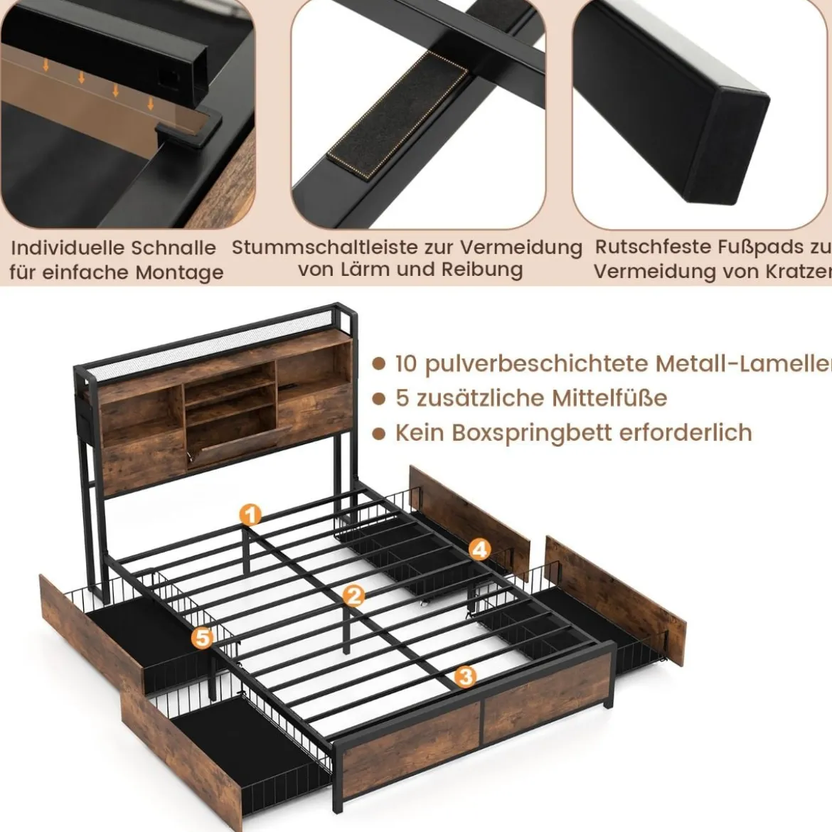 Bett mit Ladestation und 4 Schubladen Kopfteil mit Stauraum Vintage Braun 223 x 143 x 112 cm