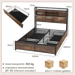 Bett mit Ladestation und 4 Schubladen Kopfteil mit Stauraum Vintage Braun 223 x 143 x 112 cm