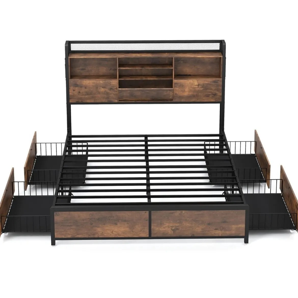 Bett mit Ladestation und 4 Schubladen Kopfteil mit Stauraum Vintage Braun 223,5 x 163 x 112 cm
