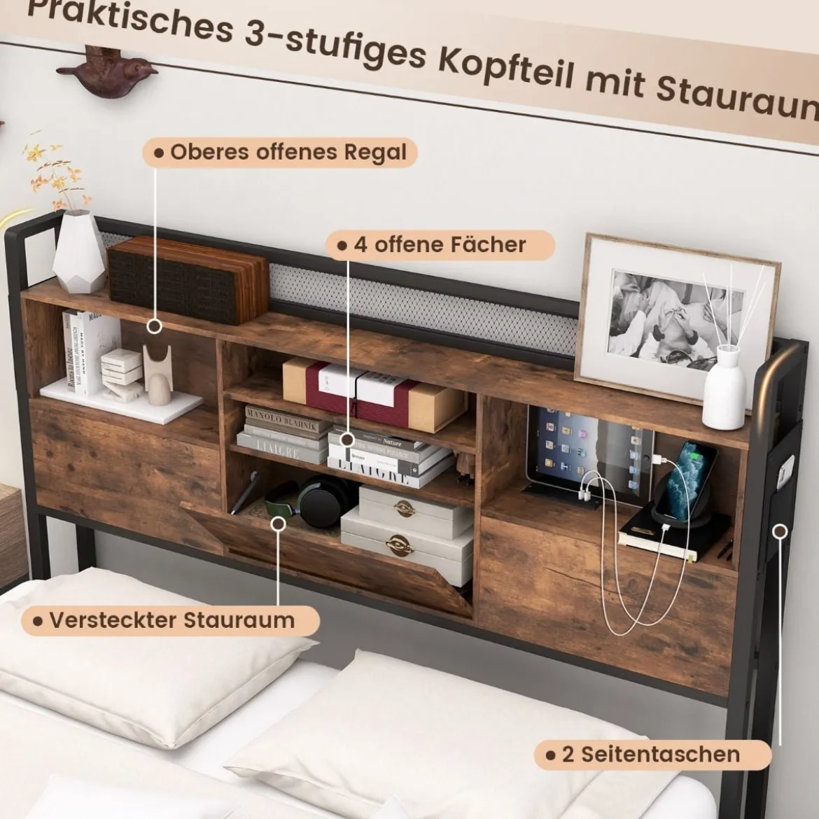 Bett mit Ladestation und 4 Schubladen Kopfteil mit Stauraum Vintage Braun 223,5 x 163 x 112 cm