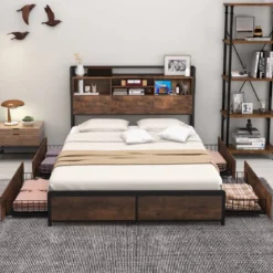 Bett mit Ladestation und 4 Schubladen Kopfteil mit Stauraum Vintage Braun 223,5 x 163 x 112 cm
