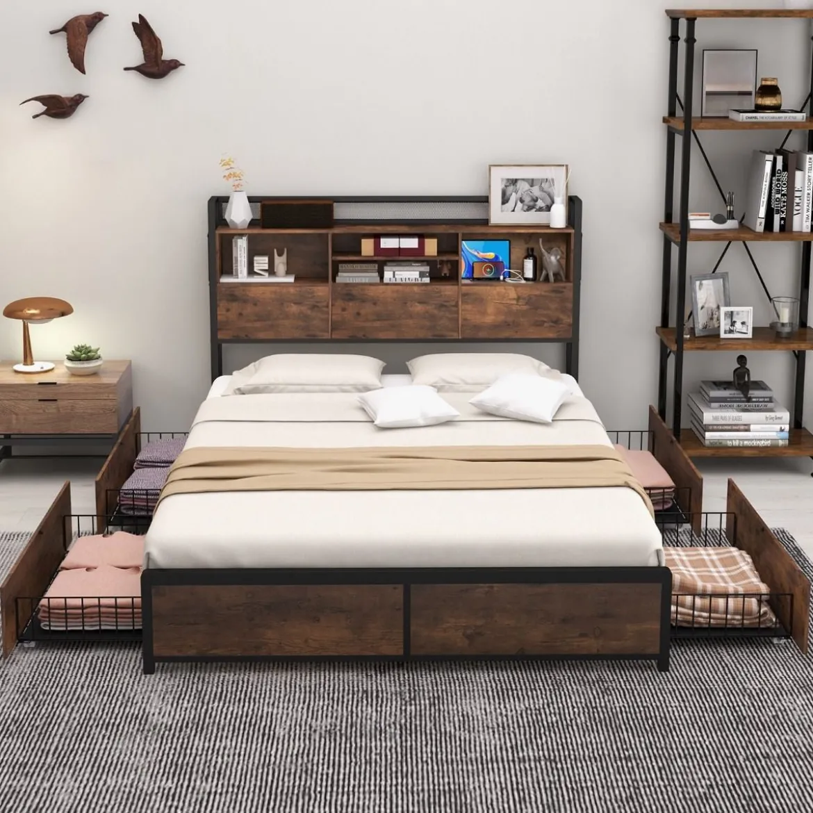 Bett mit Ladestation und 4 Schubladen Kopfteil mit Stauraum Vintage Braun 223,5 x 163 x 112 cm