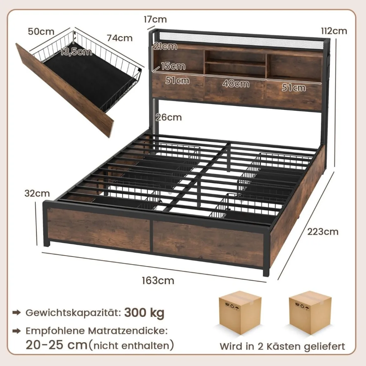 Bett mit Ladestation und 4 Schubladen Kopfteil mit Stauraum Vintage Braun 223,5 x 163 x 112 cm