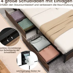 Bett mit Ladestation und 4 Schubladen Kopfteil mit Stauraum Vintage Braun 223,5 x 163 x 112 cm