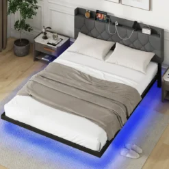 Bett mit LED Beleuchtung & Ladestation 160 x 200 cm Polsterbett mit verstellbarem gepolstertem Kopfteil Grau