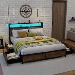 Bett mit LED Beleuchtung Ladestation & 4 Schubladen Stauraumbett mit Kopfteil & Lattenrost 200 x 160 cm