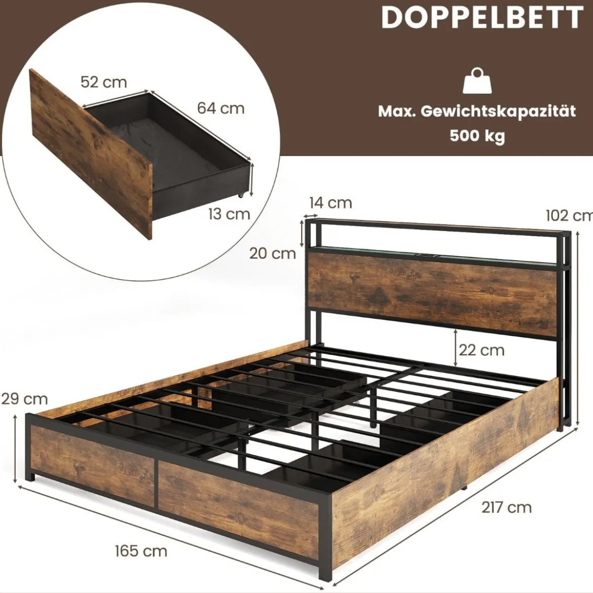 Bett mit LED Beleuchtung Ladestation & 4 Schubladen Stauraumbett mit Kopfteil & Lattenrost 200 x 160 cm