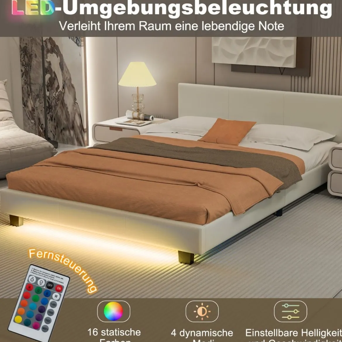 Bett mit LED Beleuchtung 140 x 200 cm Polsterbett mit Lattenrost Bettgestell Bettrahmen Weiß