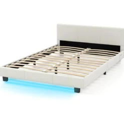 Bett mit LED Beleuchtung 140 x 200 cm Polsterbett mit Lattenrost Bettgestell Bettrahmen Weiß