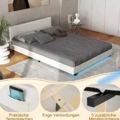 Bett mit LED Beleuchtung 140 x 200 cm Polsterbett mit Lattenrost Bettgestell Bettrahmen Weiß