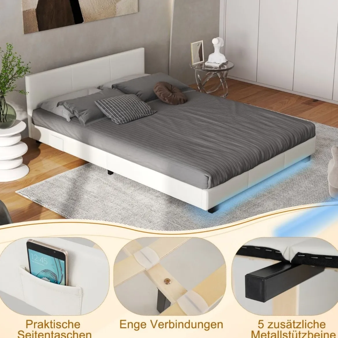 Bett mit LED Beleuchtung 140 x 200 cm Polsterbett mit Lattenrost Bettgestell Bettrahmen Weiß