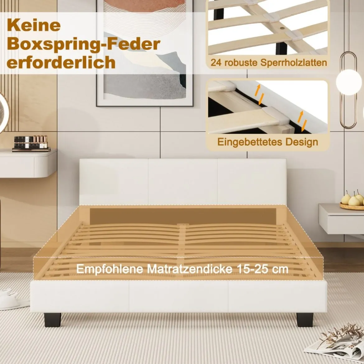 Bett mit LED Beleuchtung 140 x 200 cm Polsterbett mit Lattenrost Bettgestell Bettrahmen Weiß