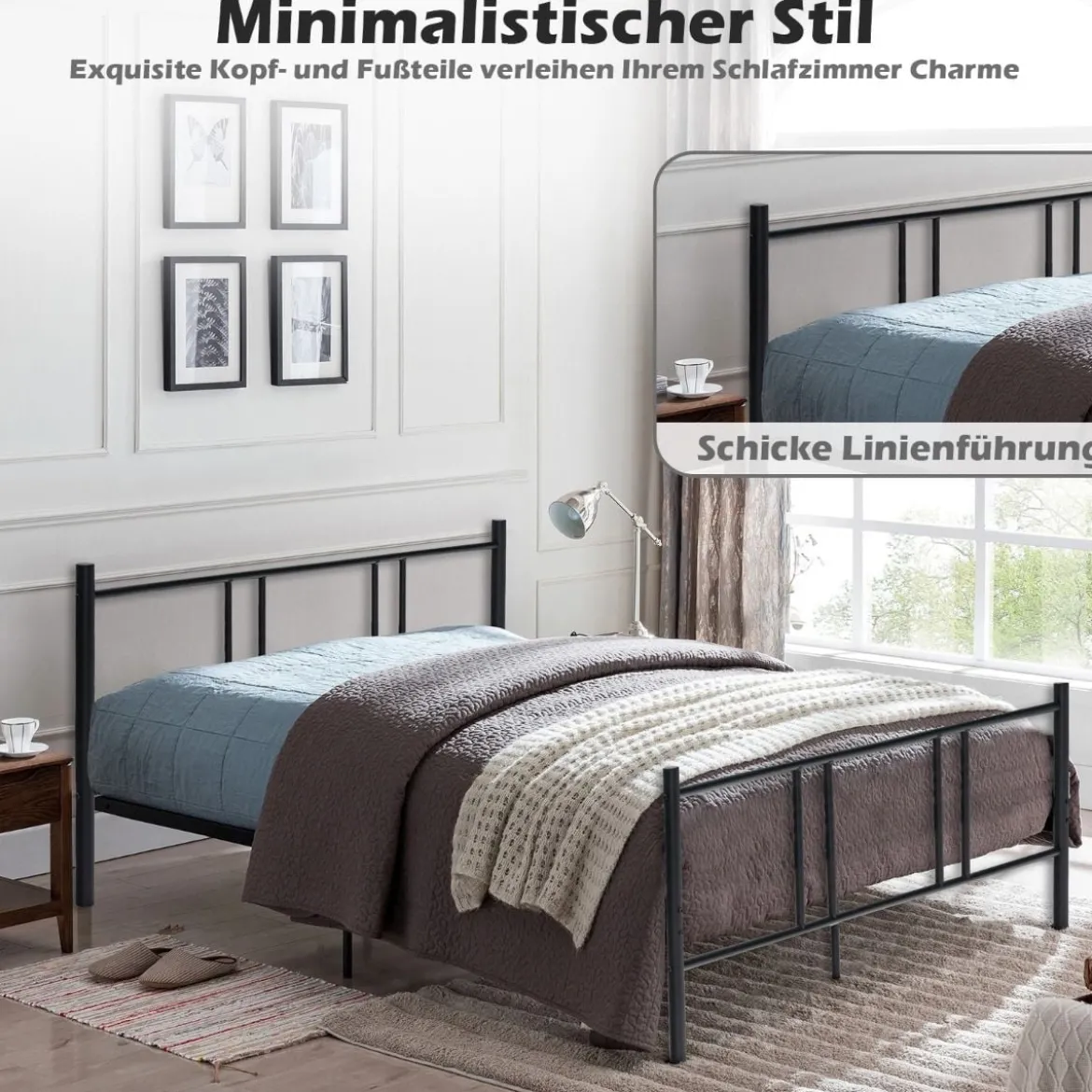 Bettrahmen aus Metall Modernes Plattform-Bettgestell Plattformbett 200 x 140 cm Schwarz