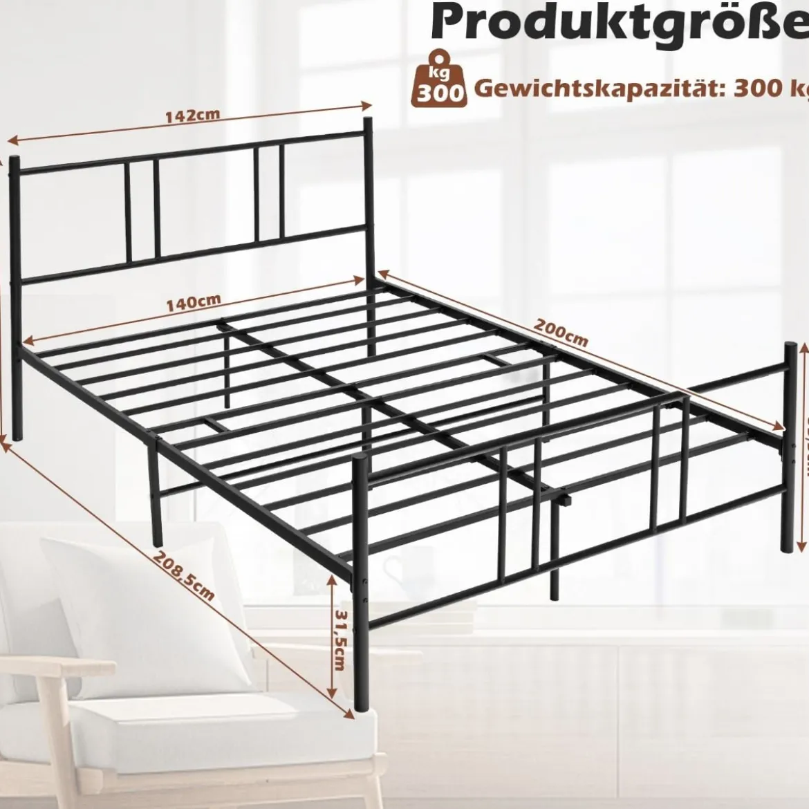 Bettrahmen aus Metall Modernes Plattform-Bettgestell Plattformbett 200 x 140 cm Schwarz