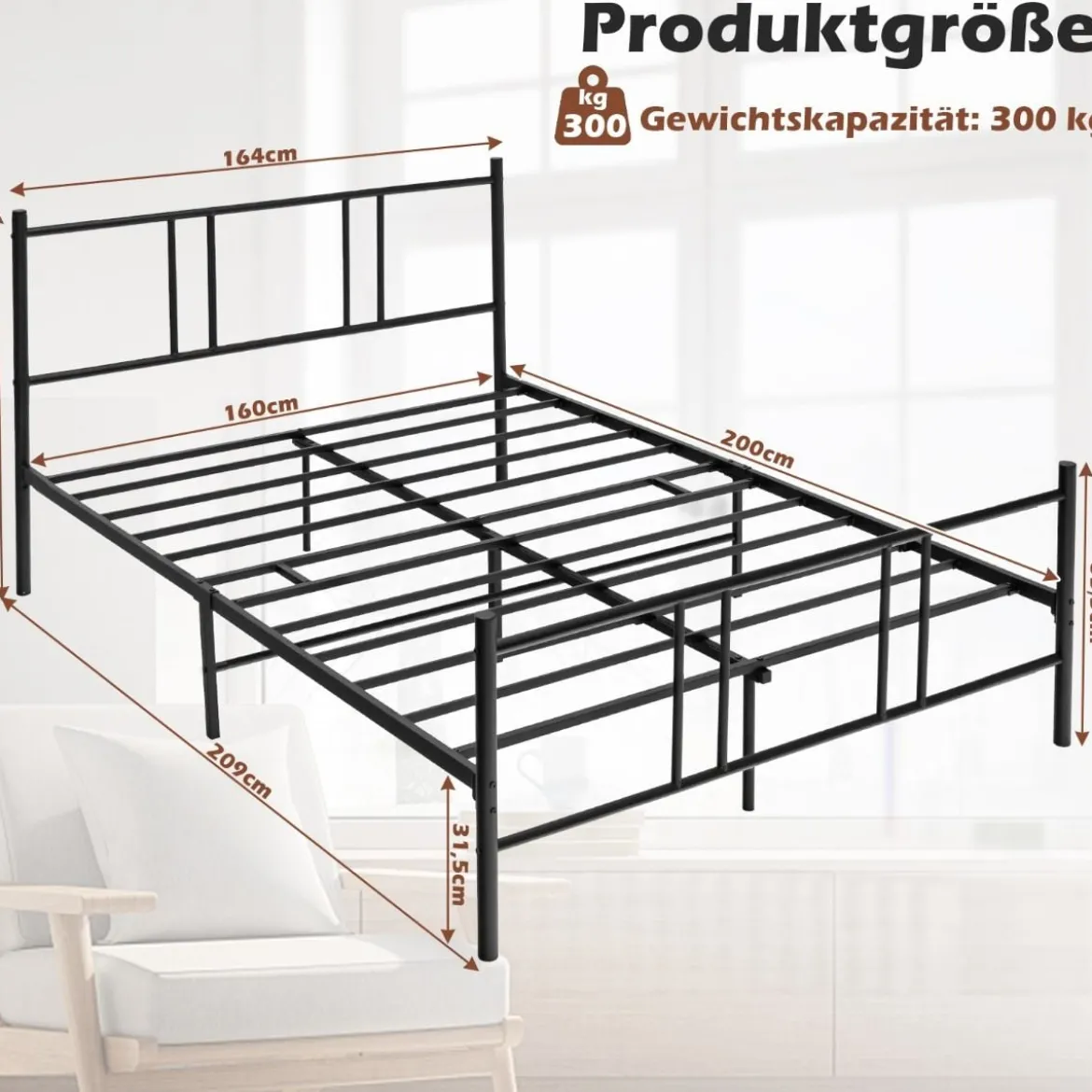 Bettrahmen aus Metall Plattform-Bettgestell mit Kopfteil und Fußteil 200 x 160 cm Schwarz