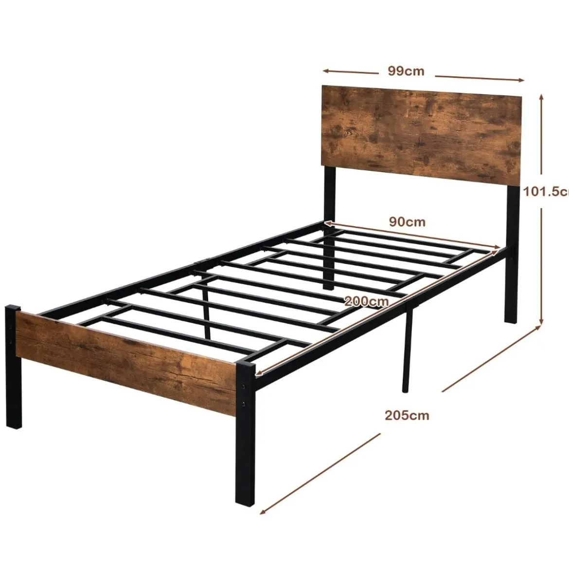 Bettrahmen Stahlrahmen mit Lattenrost 200 x 90 cm Bettgestell mit Kopfteil Design Schwarz & Braun