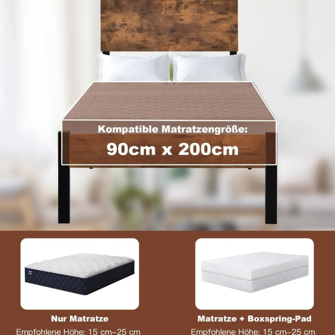 Bettrahmen Stahlrahmen mit Lattenrost 200 x 90 cm Bettgestell mit Kopfteil Design Schwarz & Braun