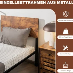 Bettrahmen Stahlrahmen mit Lattenrost 200 x 90 cm Bettgestell mit Kopfteil Design Schwarz & Braun