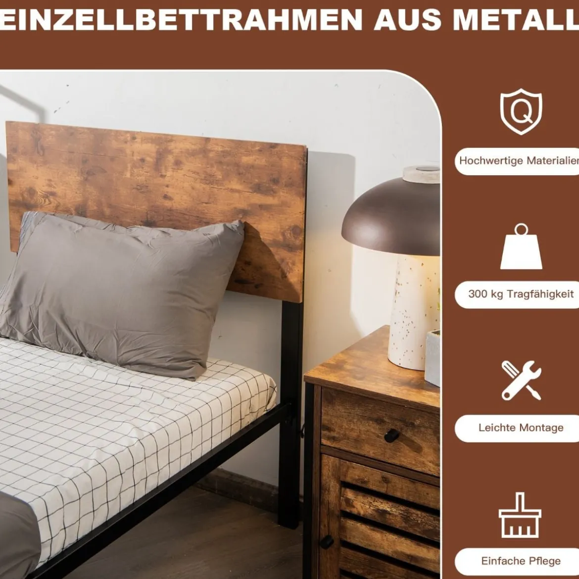 Bettrahmen Stahlrahmen mit Lattenrost 200 x 90 cm Bettgestell mit Kopfteil Design Schwarz & Braun