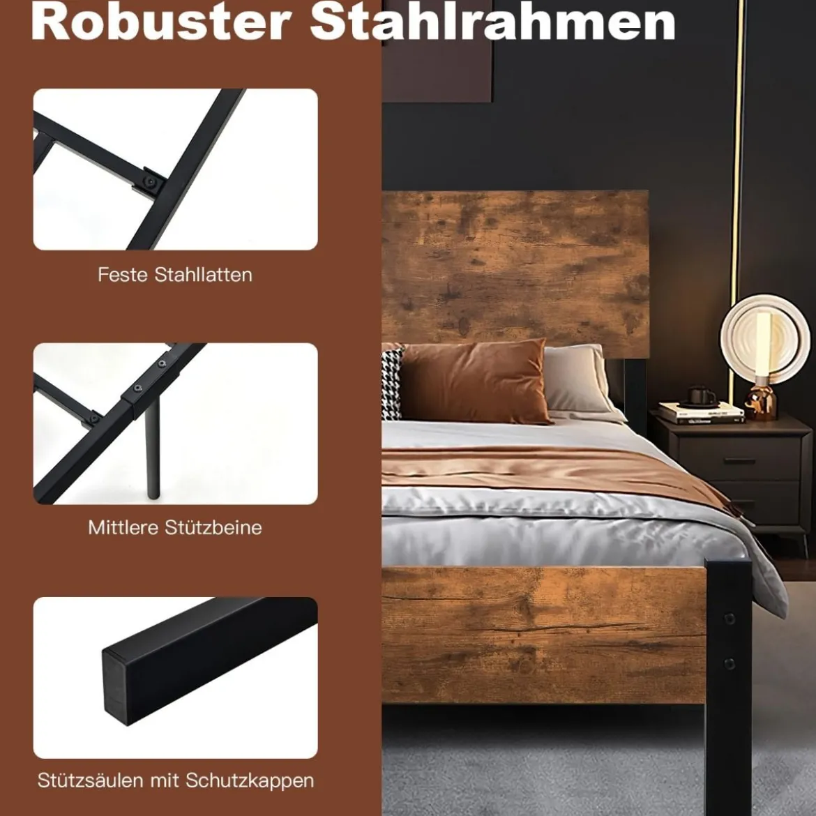 Bettrahmen Stahlrahmen mit Lattenrost 200 x 90 cm Bettgestell mit Kopfteil Design Schwarz & Braun