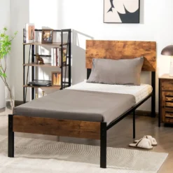 Bettrahmen Stahlrahmen mit Lattenrost 200 x 90 cm Bettgestell mit Kopfteil Design Schwarz & Braun