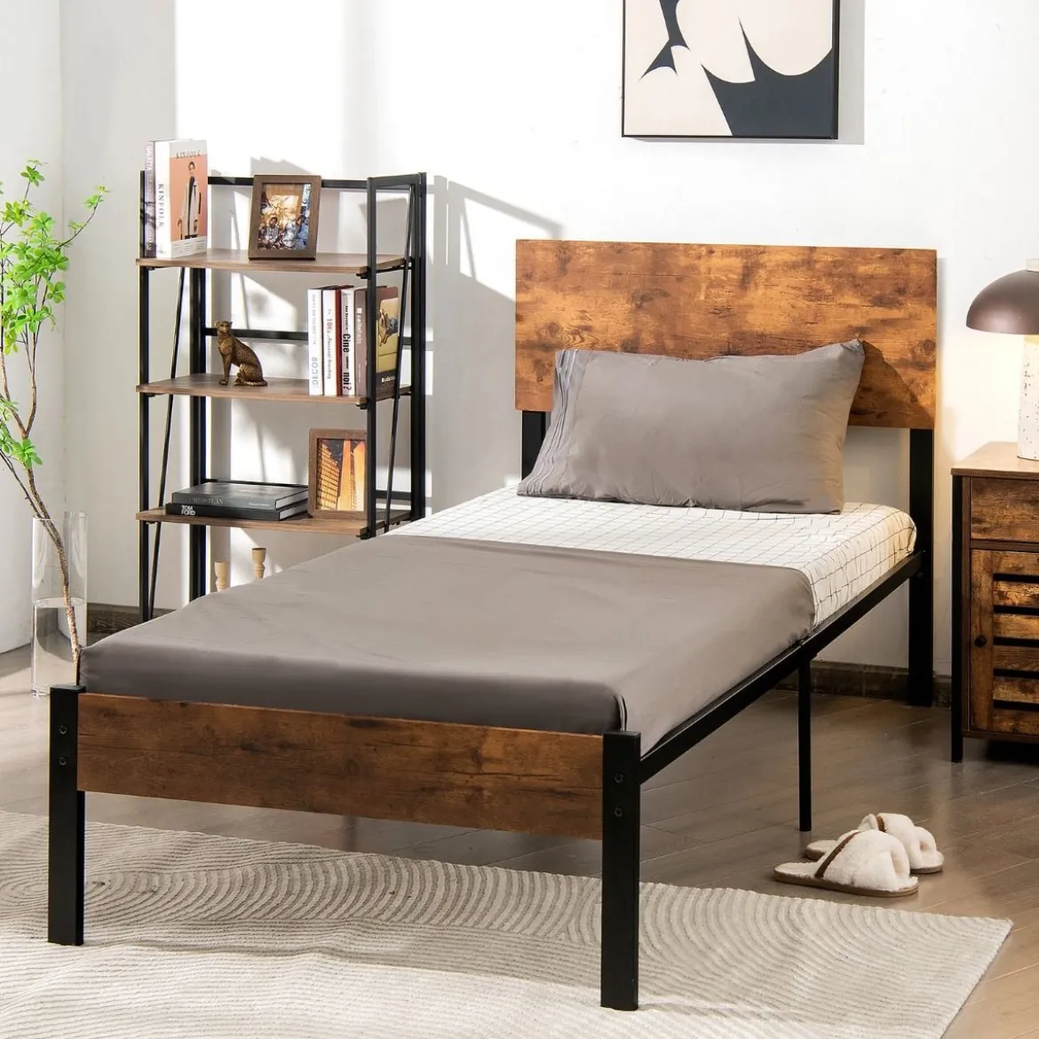 Bettrahmen Stahlrahmen mit Lattenrost 200 x 90 cm Bettgestell mit Kopfteil Design Schwarz & Braun