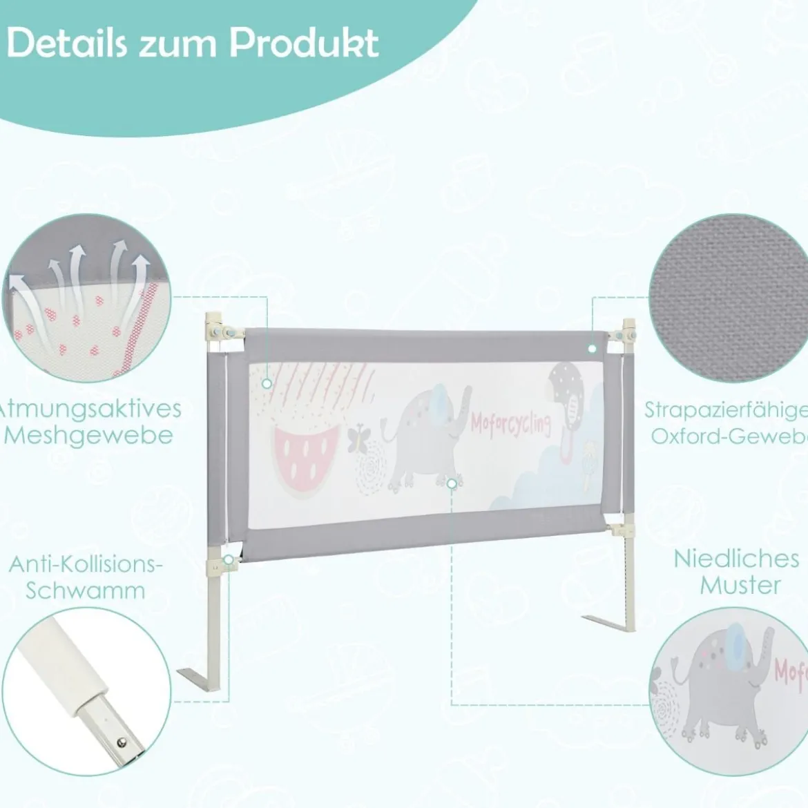 Bettschutzgitter Bettgitter für Kleinkinder Vertikales 145 cm Bettgeländer mit Doppeltem Verschluss Grau