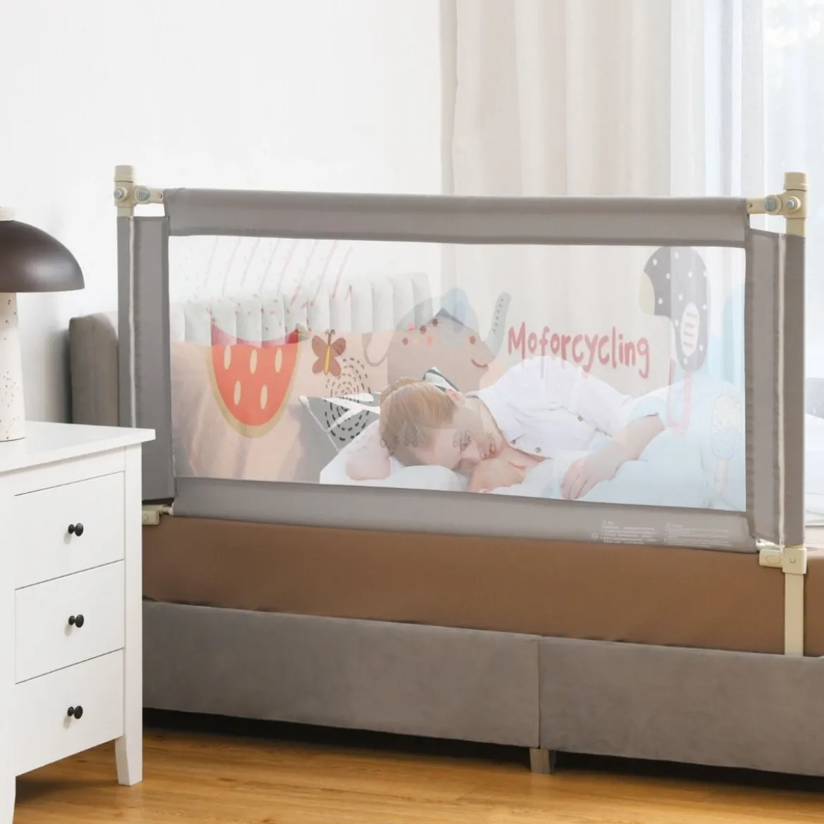 Bettschutzgitter Bettgitter für Kleinkinder Vertikales 145 cm Bettgeländer mit Doppeltem Verschluss Grau